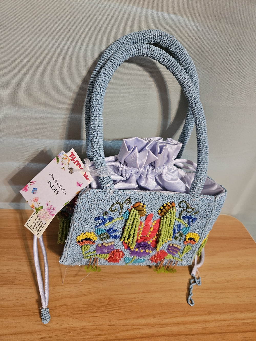 Hand-Beaded Light Blue Tote Bag